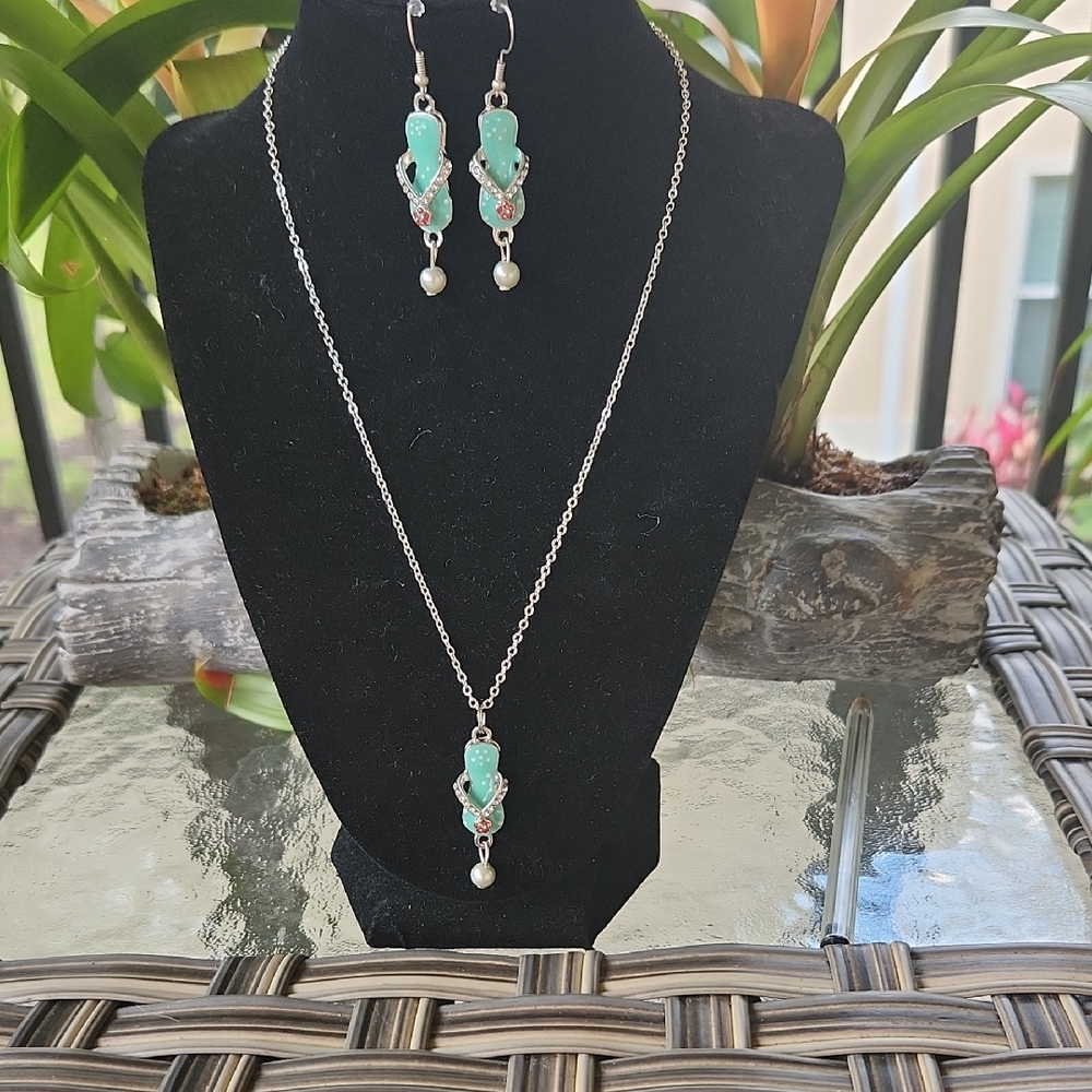 Turquoise Flip Flop Necklace & Earrings Set - Elegant Women Jewelry